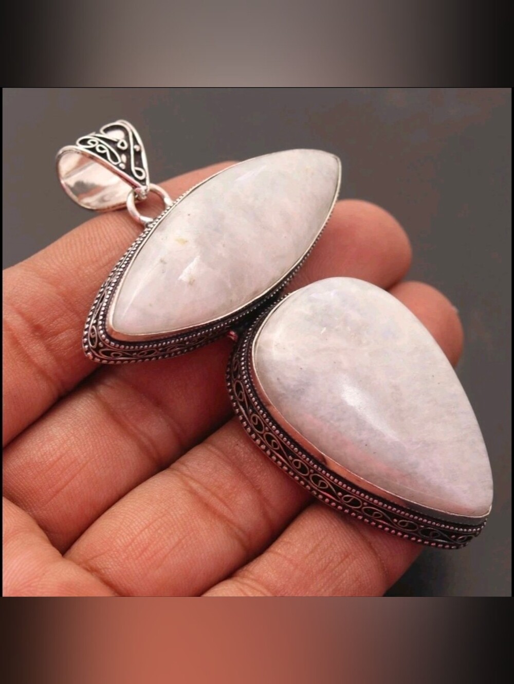 Natural Rainbow Moonstone Big Double Teardrop Pendant 925 Sterling Silver - New